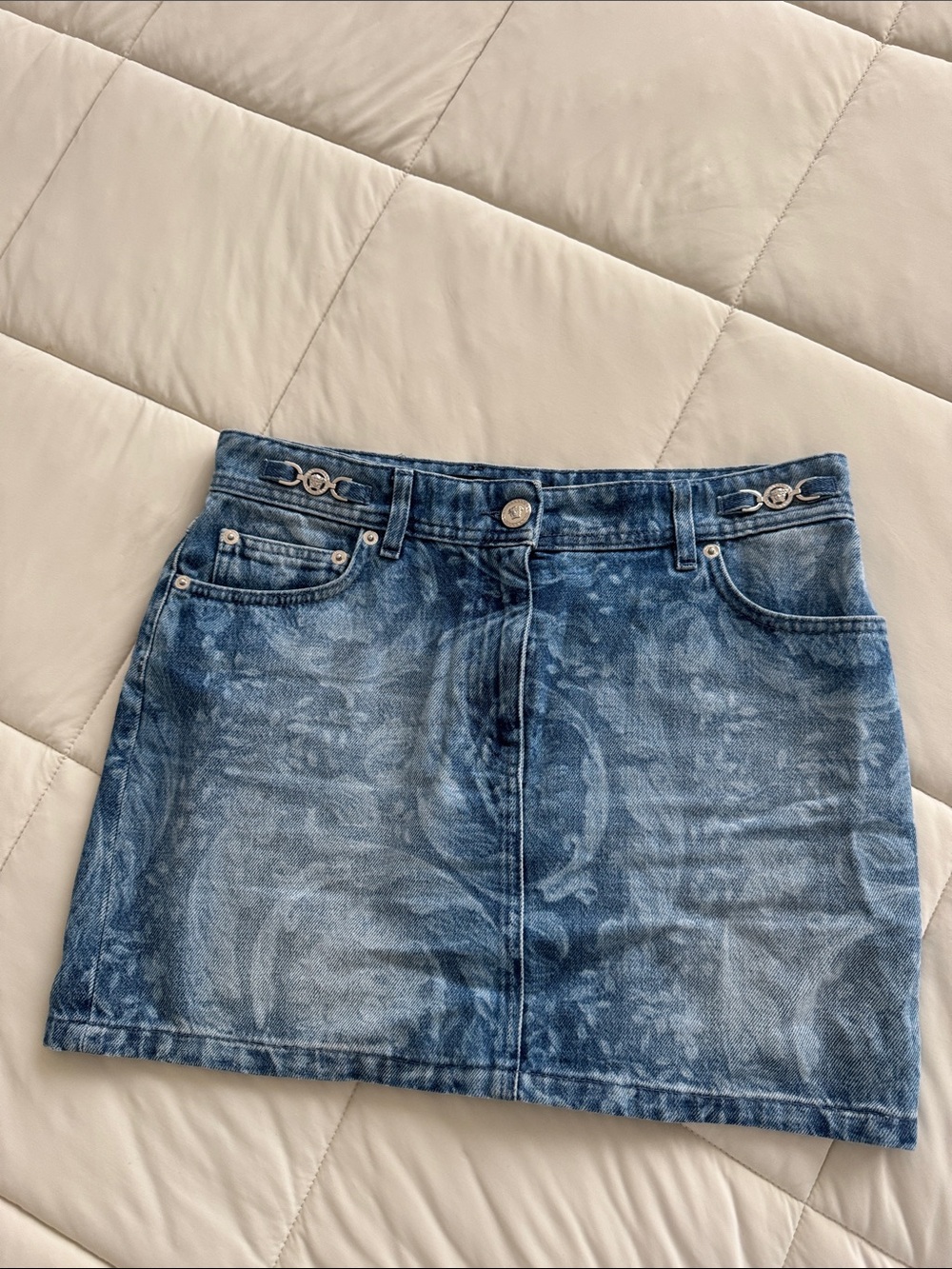 Versace Distressed Blue Denim Mini Skirt with Signature Hardware